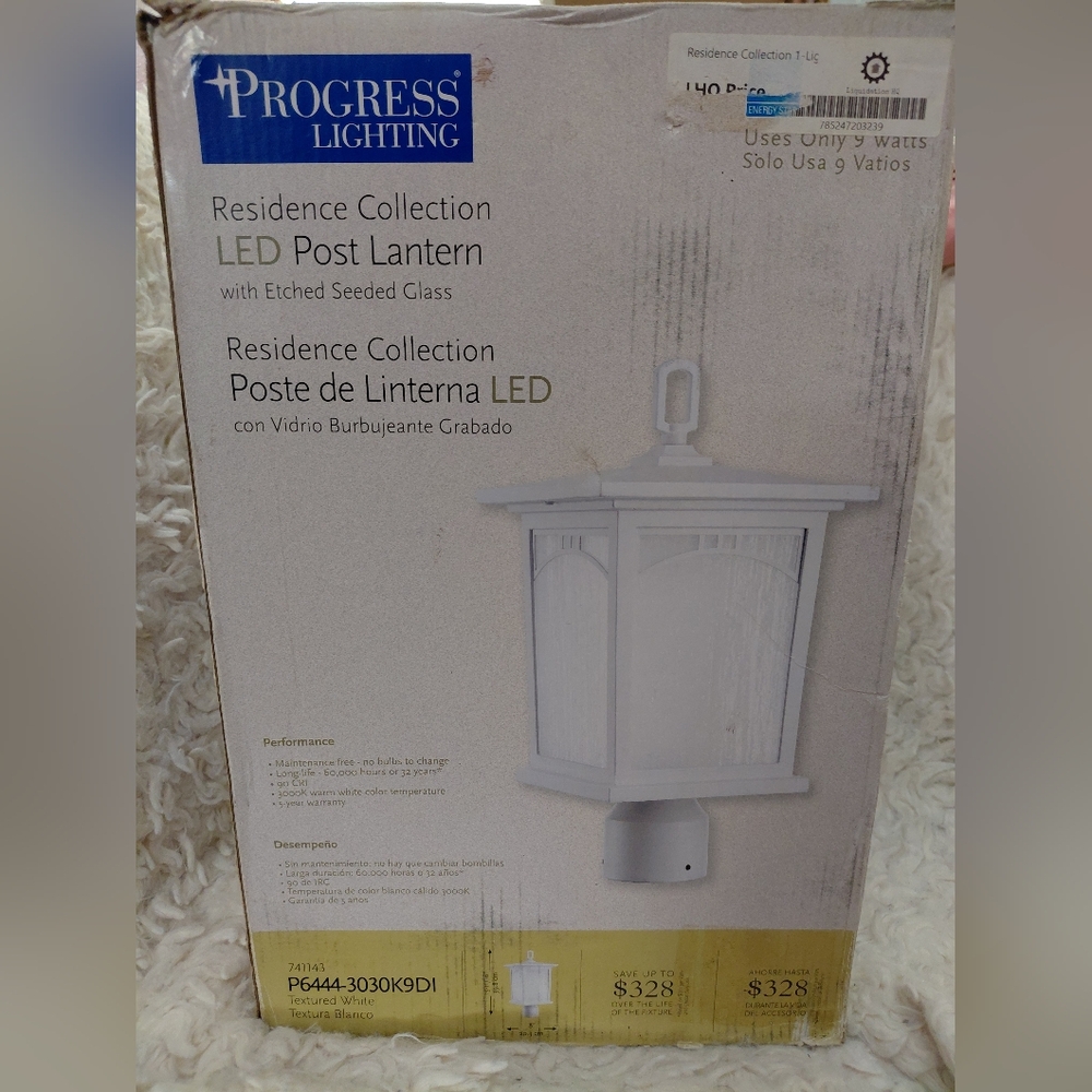 Residence Collection White LED Post Lantern with Etched Seeded Glass